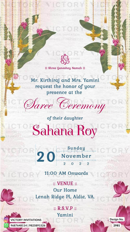 Half Saree ceremony invitation card in english language with traditional theme design 2981