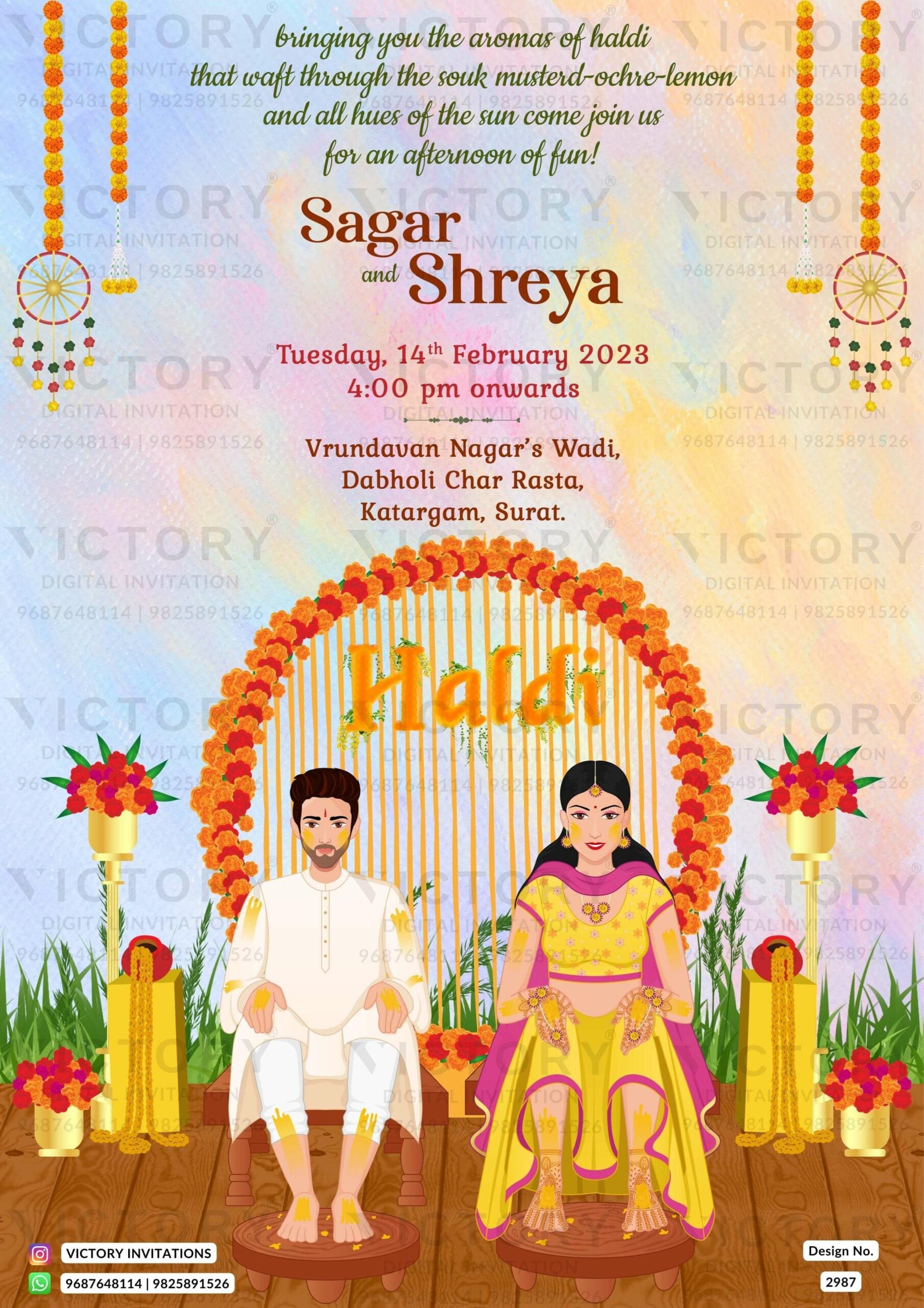 Haldi ceremony invitation card in english language with couple doodle, marigold garland as asthetic theme design 2987