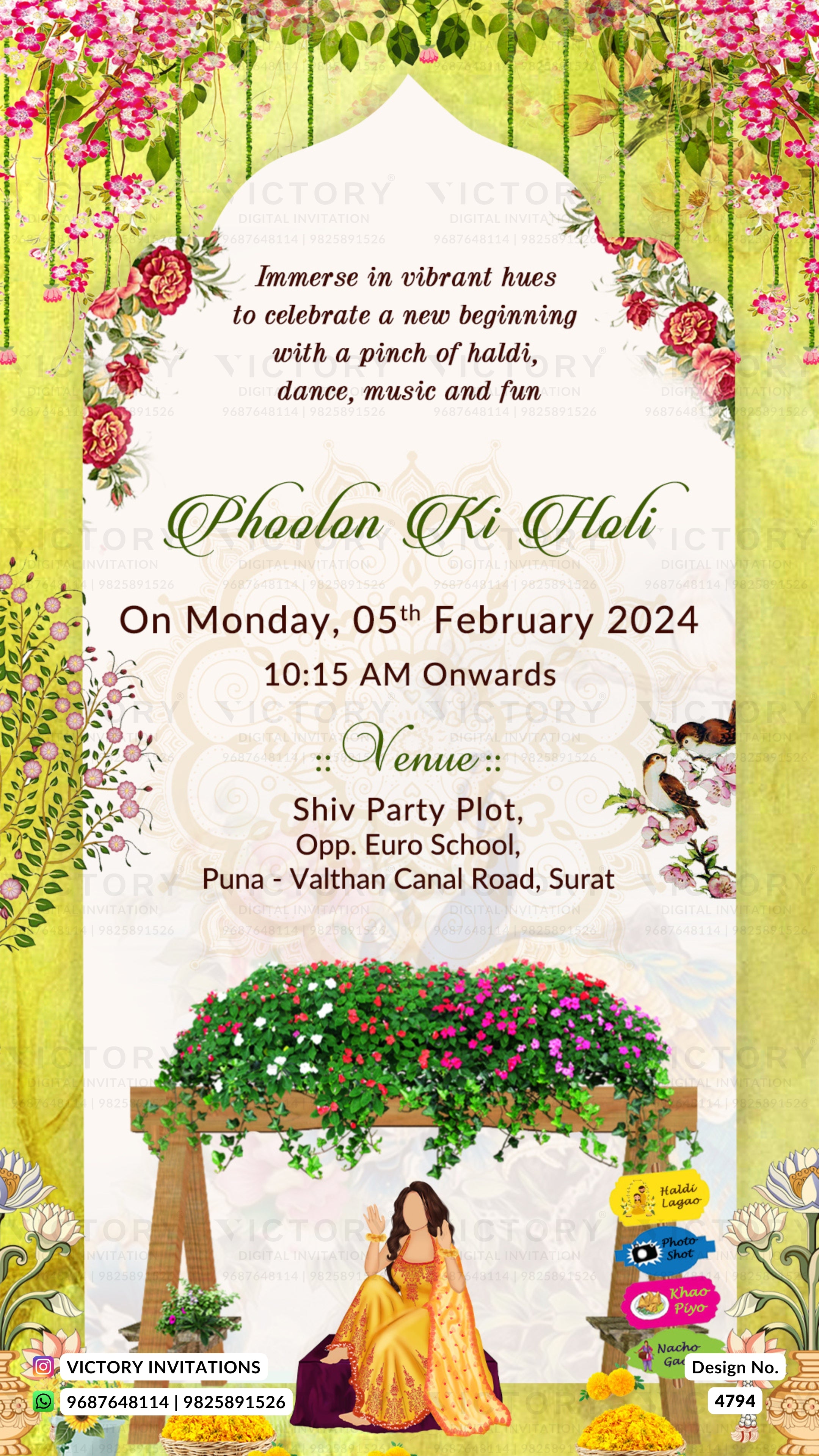 A festive Haldi party invitation card with a cream central arch, green floral borders, and illustrations of a child in traditional attire, flowers, and a wooden flower cart. The text announces an event on Monday, 05th February 2024 at 10:15 AM at Shiv Party Plot, Puna - Valthan Canal Road, Surat.