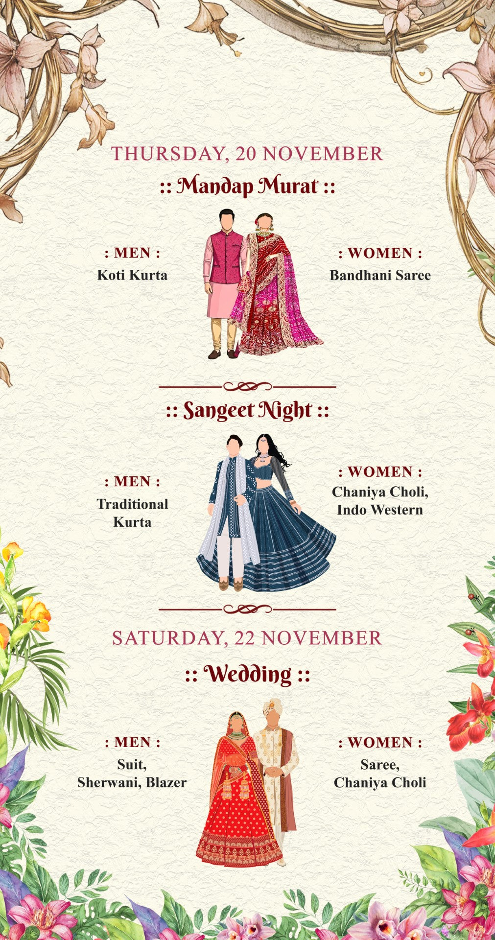 A wedding program or itinerary poster in Hindi, detailing the timeline from Mandap Murat on Thursday 20th November to the Wedding on Saturday 22nd November. The poster features a cream-colored textured background decorated with floral borders and illustrations of traditional Indian wedding attire.