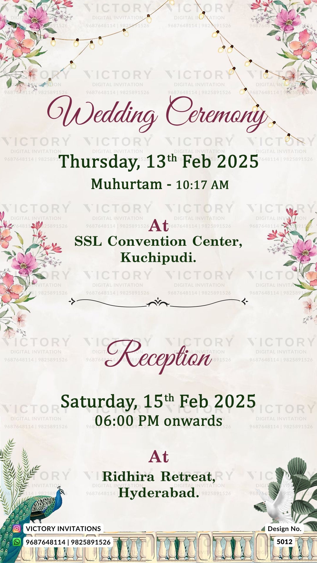 A digital wedding invitation card with a vintage cream background, featuring floral illustrations in pink and green, string lights at the top, and text detailing a wedding ceremony and reception.