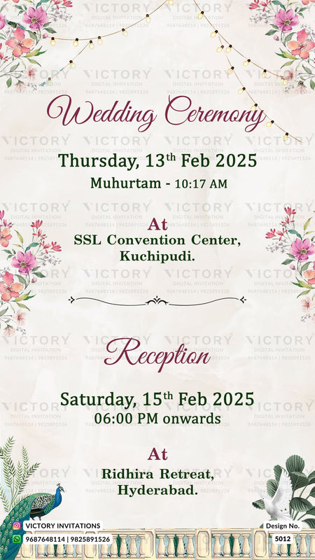 A digital wedding invitation card with a vintage cream background, featuring floral illustrations in pink and green, string lights at the top, and text detailing a wedding ceremony and reception.