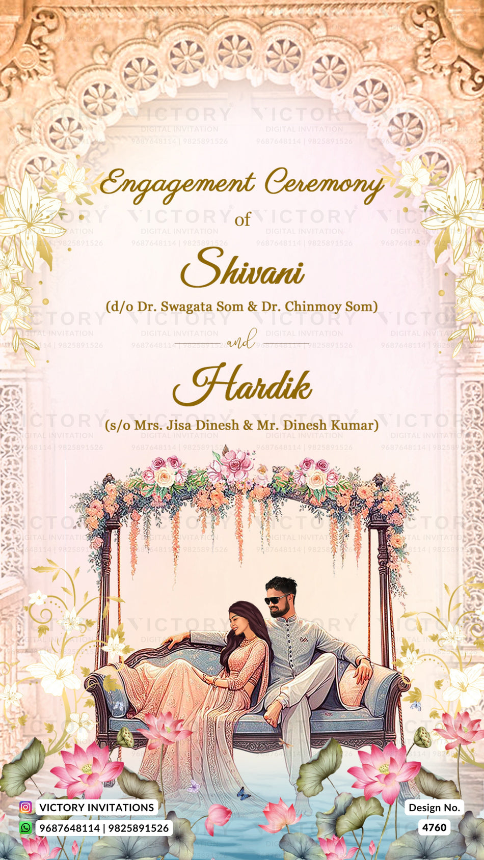 Engagement ceremony invitation card featuring elegant gold and black typography on a cream background with intricate floral lace borders. The lower portion shows an illustrated couple seated on a blue charpai under a pink and white floral arch, with lotus flowers and water elements at the bottom.