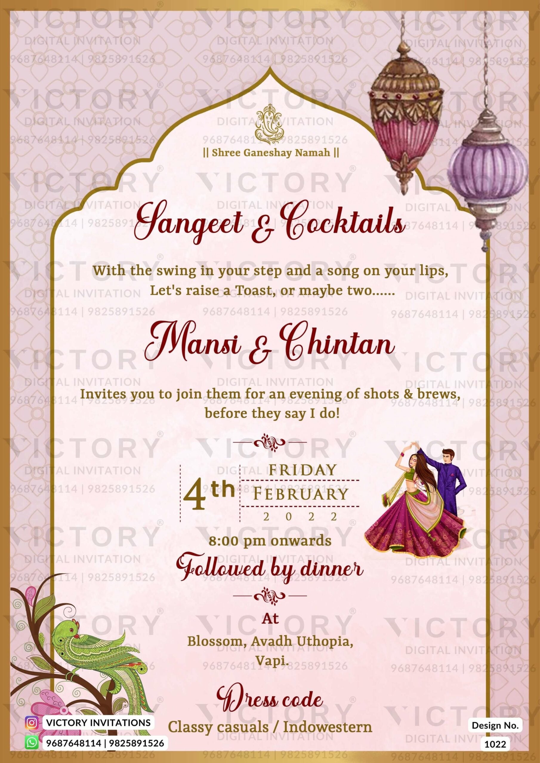 A Pink Oyster Wedding Invitation with Ganesha Blessings, Couple Doodles, and Artistic Arch Design