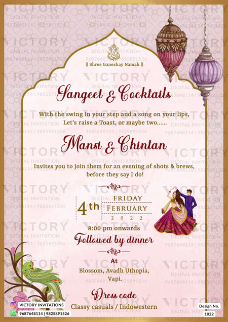 A Pink Oyster Wedding Invitation with Ganesha Blessings, Couple Doodles, and Artistic Arch Design