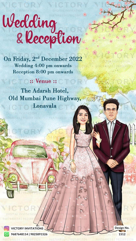 Water-colored Blush Pink and Blue Voguish Floral Theme Digital Wedding Invitations with Stunning Couple Caricature Illustration