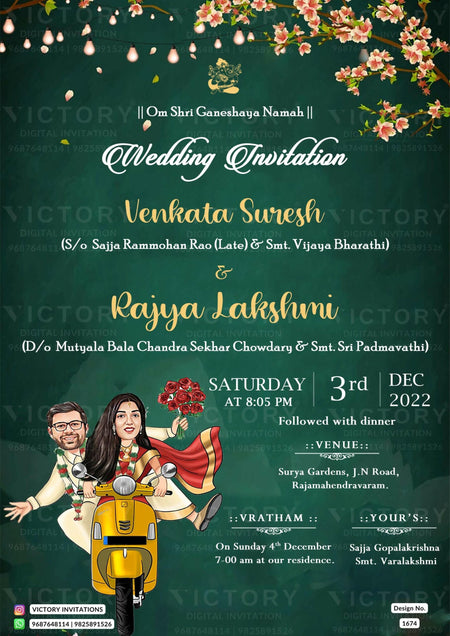 A Stunning Digital Wedding Invitation Card with a Timber Green Texture Background, Blossom Tree Design, and Caricature Illustration of the Couple