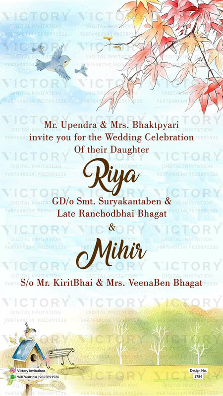 Water-colored Blue and Green Classic Whimsical Garden Theme Indian Wedding E-invitations with Festive Bride and Groom Caricature Illustrations,