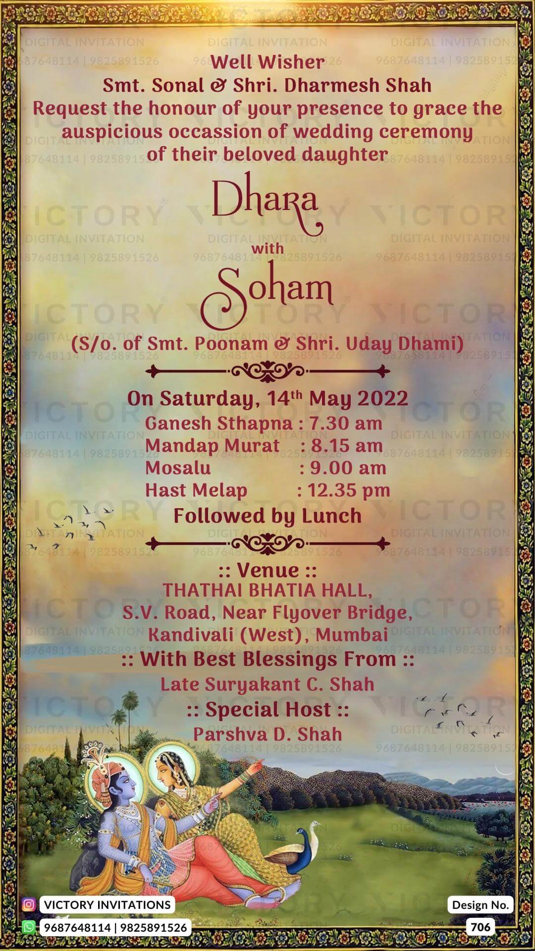 "Nature-Inspired E-Invitations for an Indian-Hindu Wedding with Beautiful Peacocks, Flying Birds and Radha-Krishna Portrait" Design No. 706