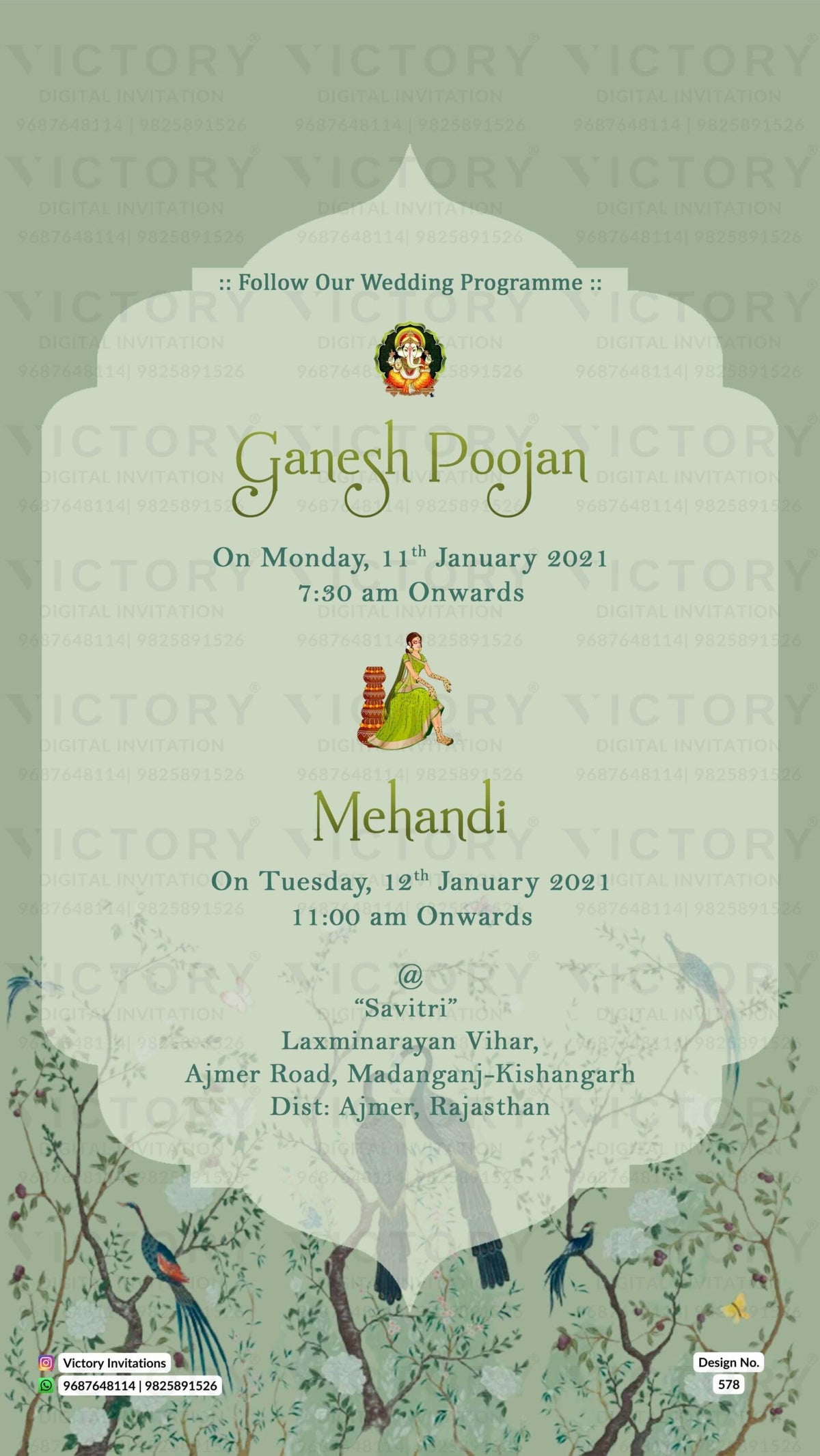 Floral Muted-Pastel Green and Brown Vintage Theme Digital Wedding Invites with Festive Indian Bride and Groom Doodle Illustrations