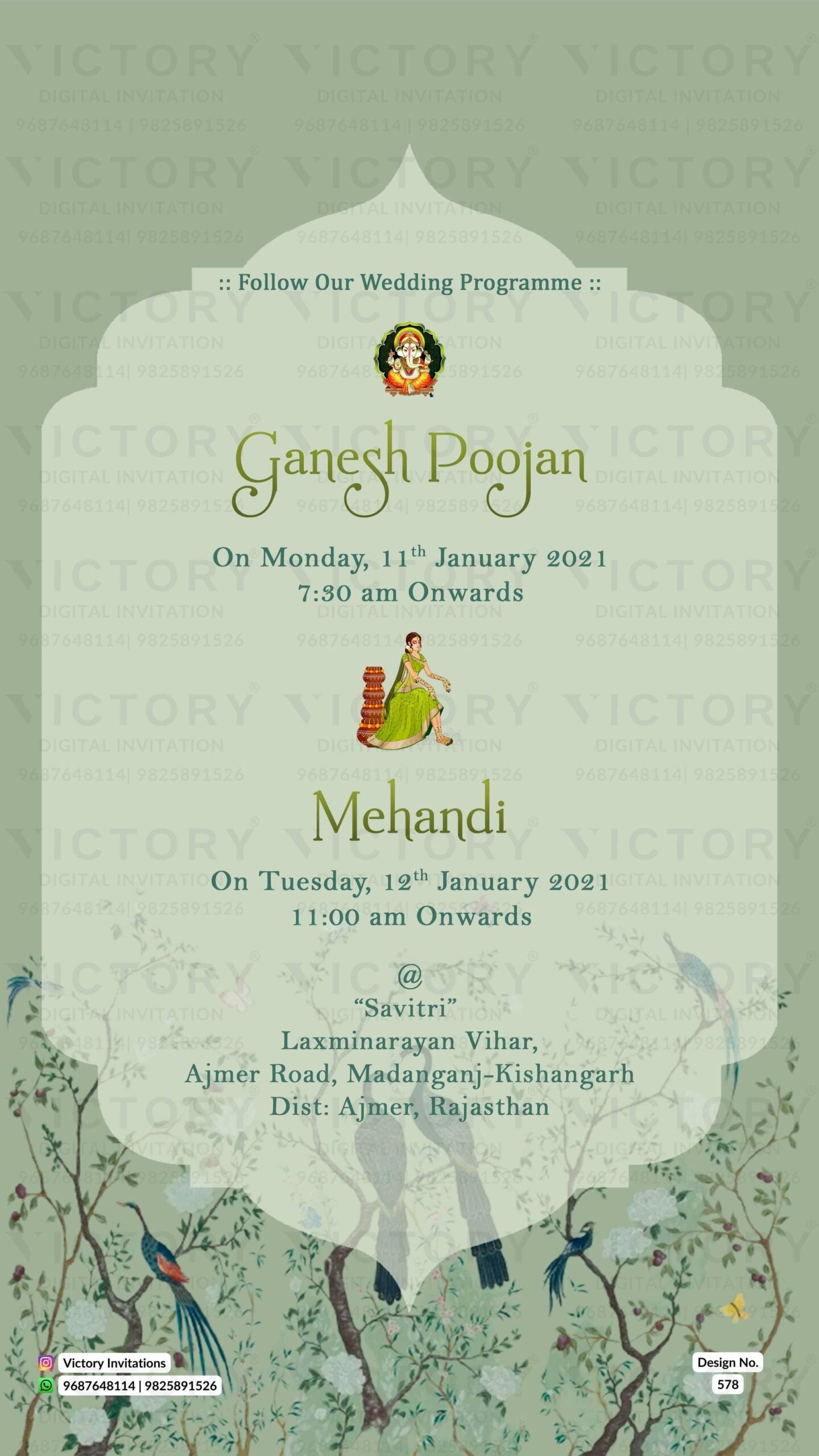 Floral Muted-Pastel Green and Brown Vintage Theme Digital Wedding Invites with Festive Indian Bride and Groom Doodle Illustrations