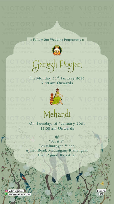 Floral Muted-Pastel Green and Brown Vintage Theme Digital Wedding Invites with Festive Indian Bride and Groom Doodle Illustrations
