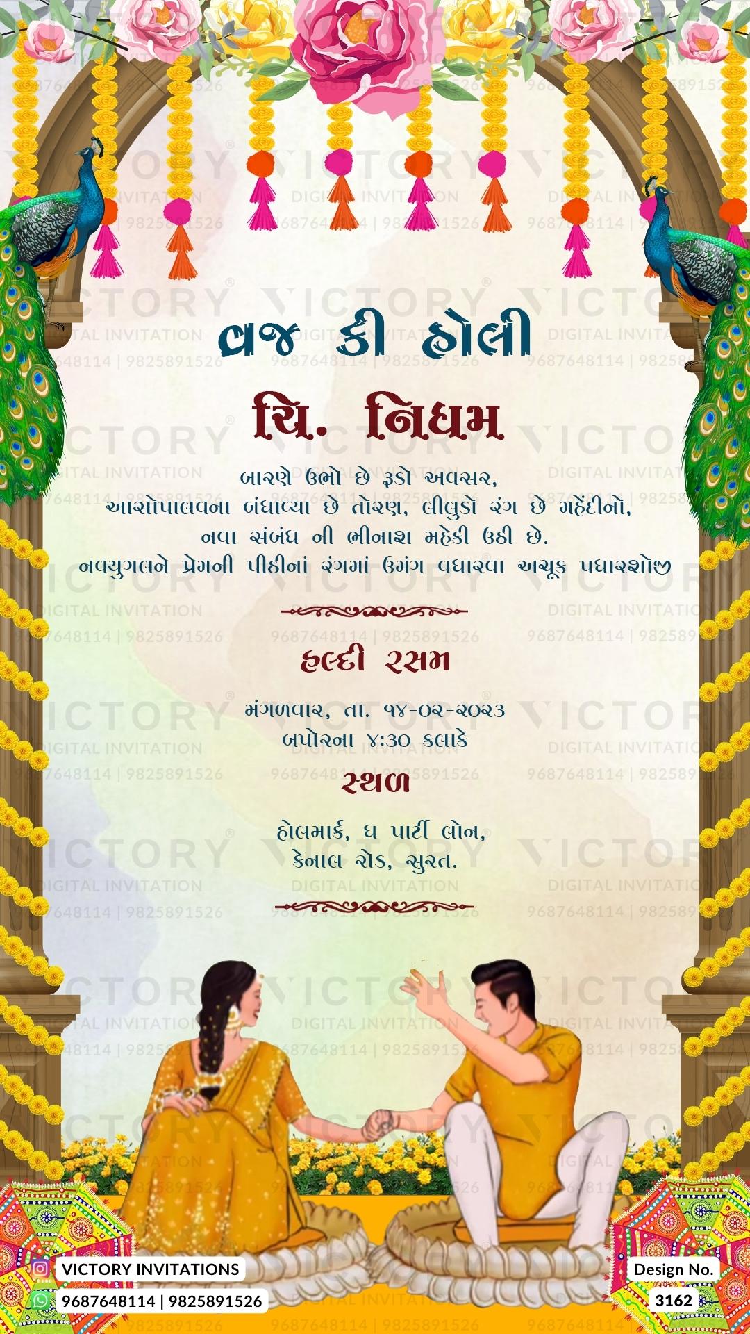 A Mesmerizing Colors and Elegance Unveiling a Wedding Invitation with Couple's Doodles, Regal Gates, and Ganesha's Motif, Marigold and Blooms Delights, Design no.3162