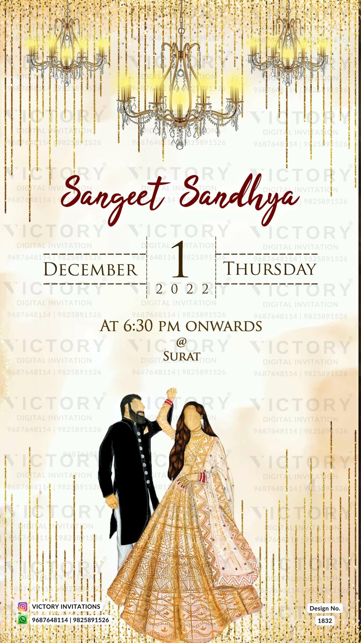 Water-colored Pastel Brown and Green Whimsical Theme Indian Wedding E-invites with No-face Couple Caricature and Luxurious Resorts Illustrations