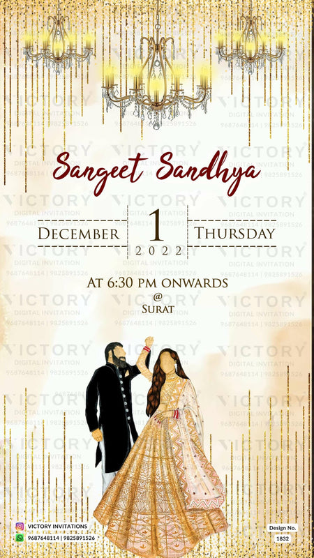 Water-colored Pastel Brown and Green Whimsical Theme Indian Wedding E-invites with No-face Couple Caricature and Luxurious Resorts Illustrations