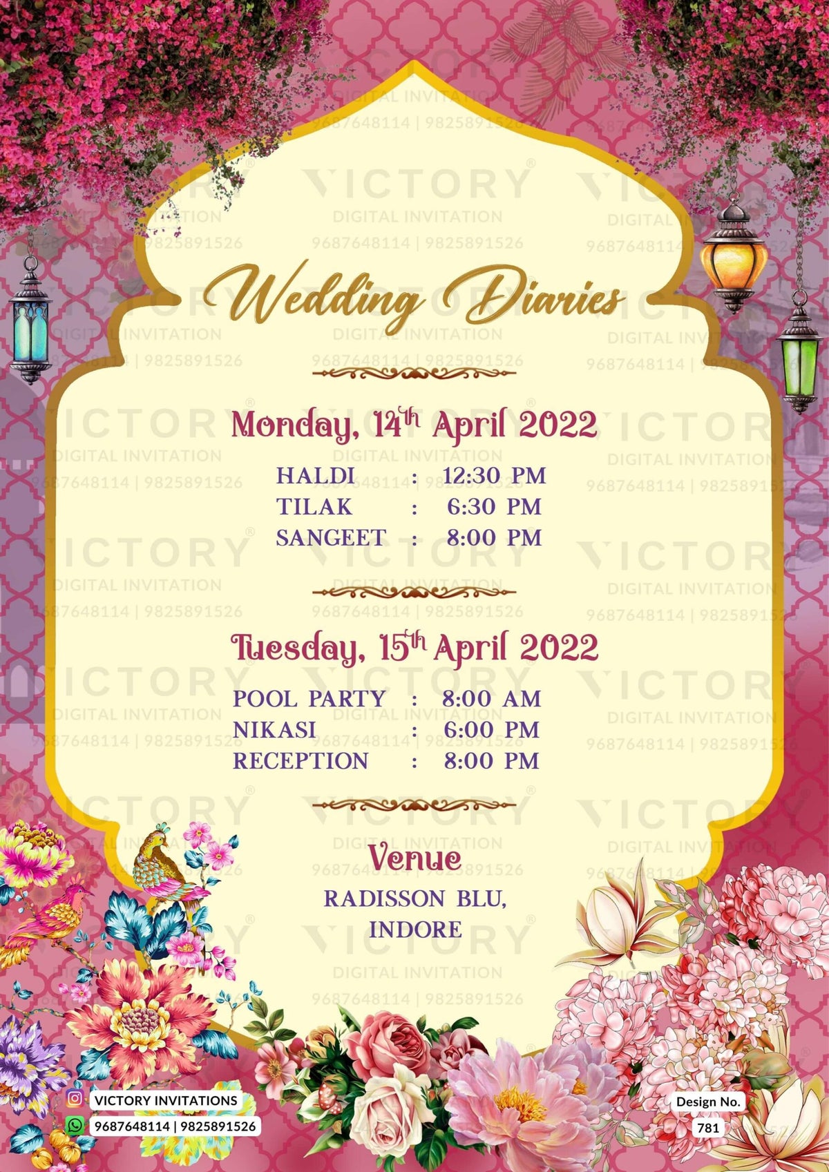 Traditional Beige and Vibrant-Shaded Vintage Floral Theme Digital Wedding Invites with Festive Indian Bride and Groom Doodle