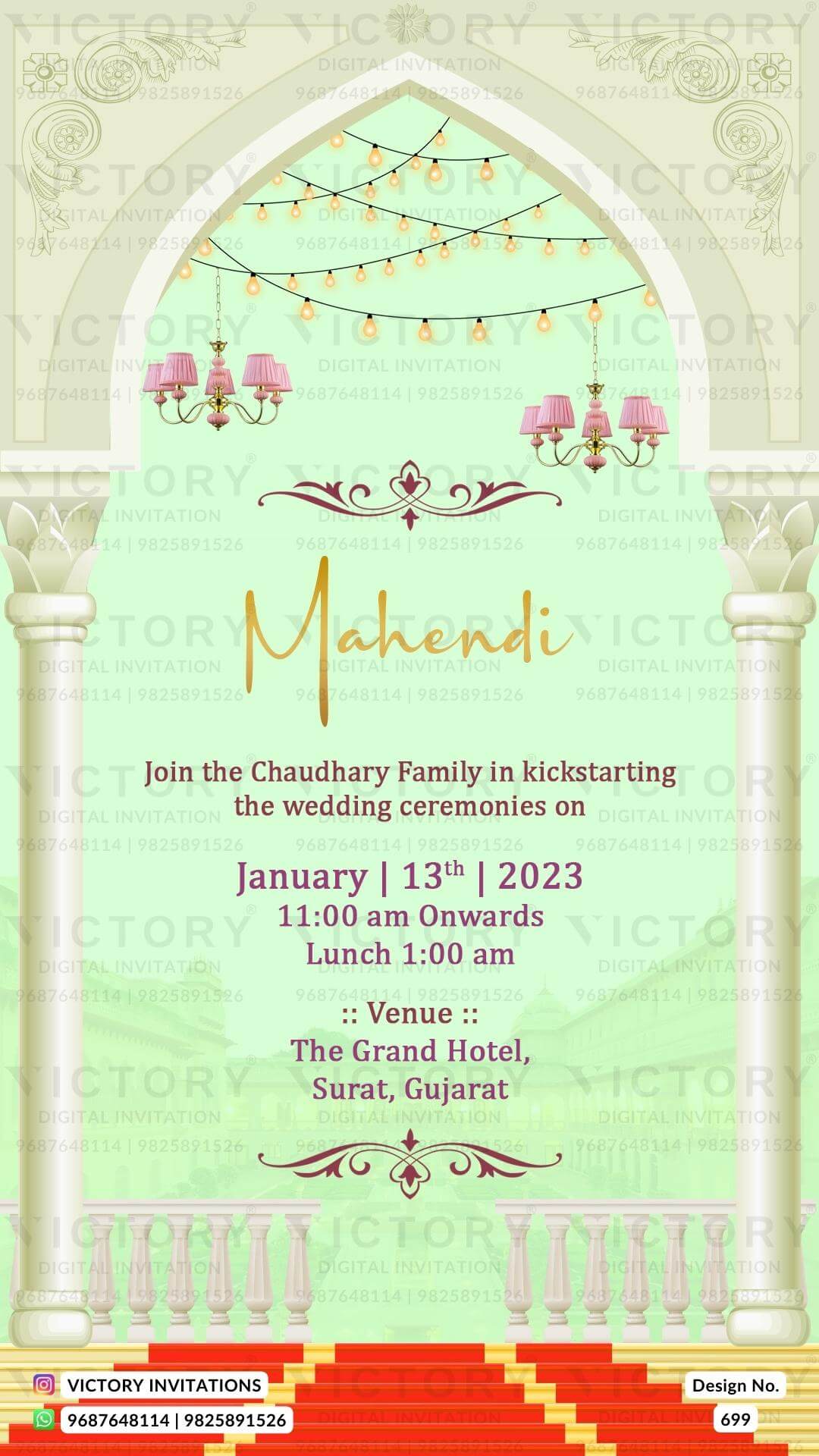 Majestic Pastel Shaded and Plush Pink Vintage Theme Electronic Wedding Invites with No-Face Couple Caricature Illustration, design no. 699