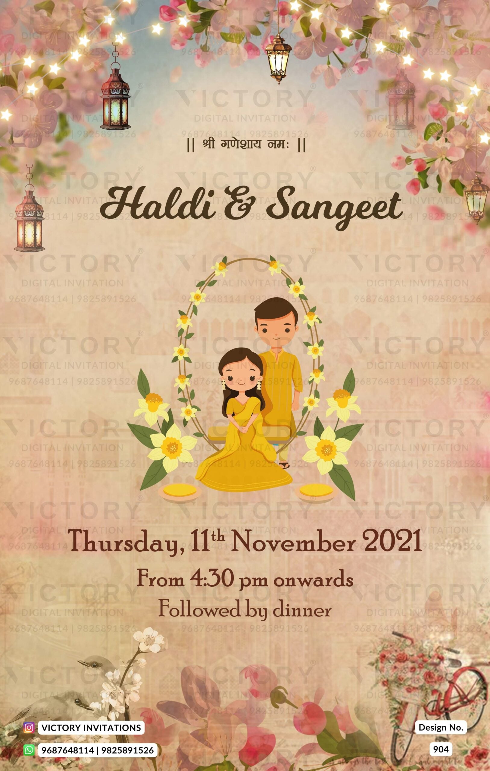 "An Enchanting Vintage Digital Invitation for the Union of the Bride and Groom: Featuring Sorrell Brown, Pink Shades, Yellow Bright Bulbs, Bronze Lanterns, and Charming Couple Doodles"