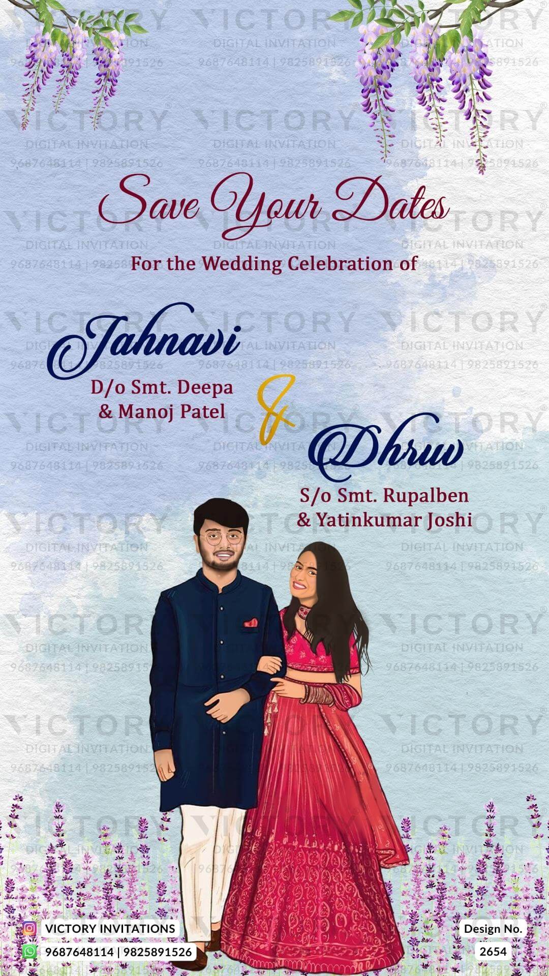 Rustic Lilac and Off-white Whimsical Floral Theme Digital Save the Date Invites with Couple Caricature and Water-colored Location Illustrations, Design no. 2654