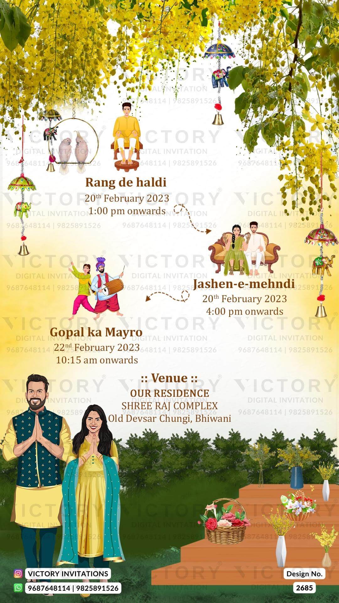 Vibrant Shaded Whimsical Garden Theme Indian Wedding E-cards with Original Couple Portraits and Couple Caricature Illustration, Design no. 2685
