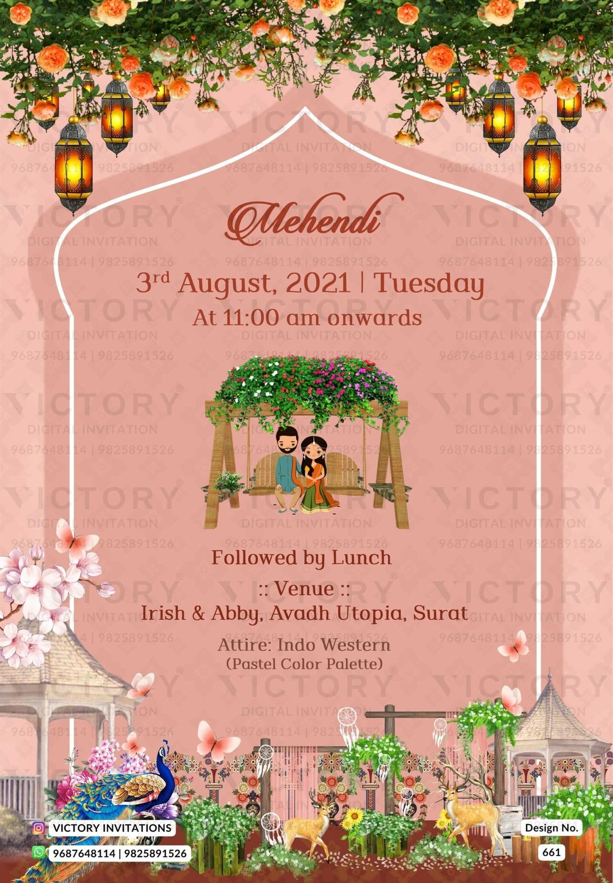Traditional Pastel Shaded Vintage Theme Lavish Indian Wedding E-invites with Classic Vintage Illustrations and Festive Indian Couple Doodle Illustrations