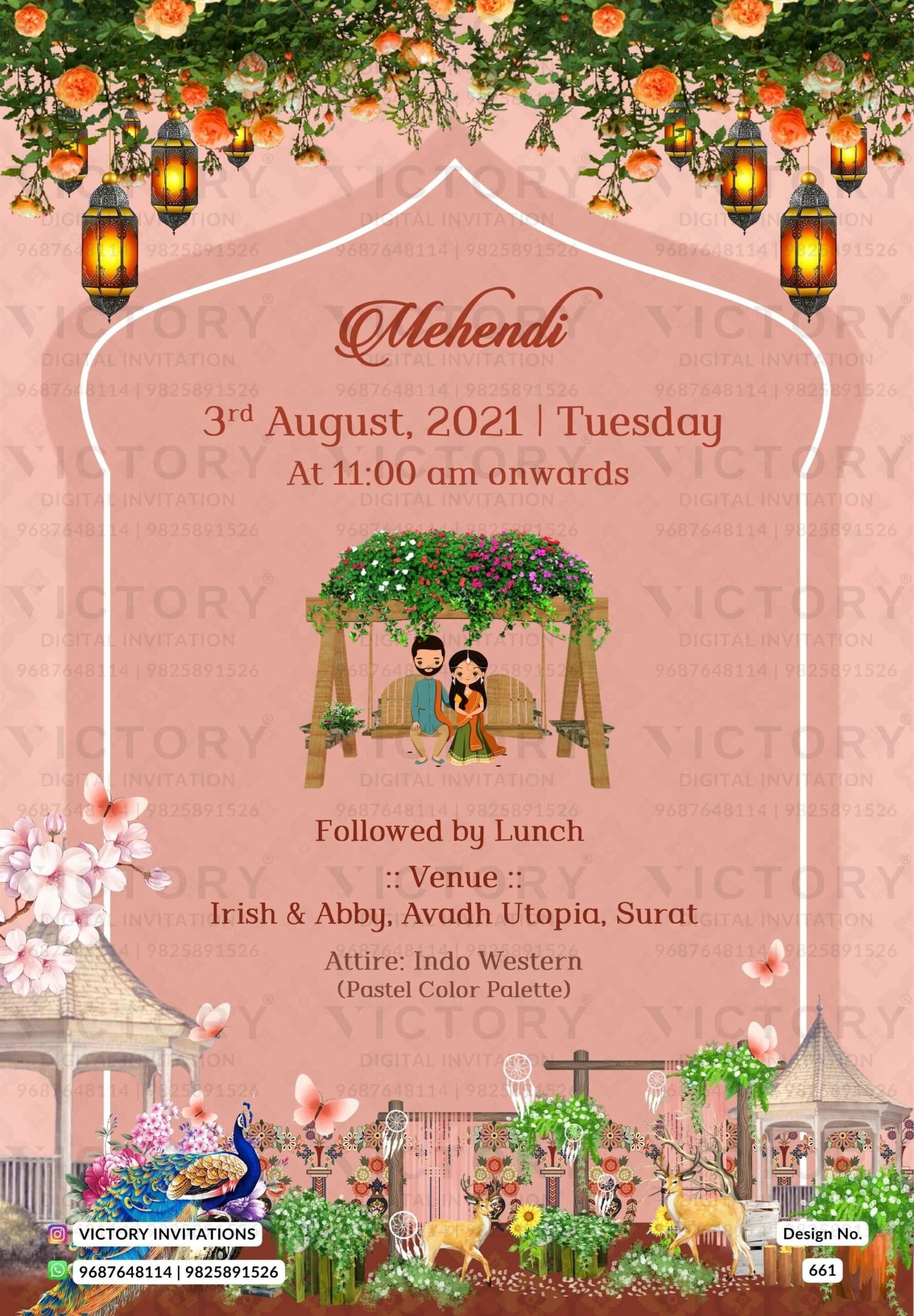 Traditional Pastel Shaded Vintage Theme Lavish Indian Wedding E-invites with Classic Vintage Illustrations and Festive Indian Couple Doodle Illustrations