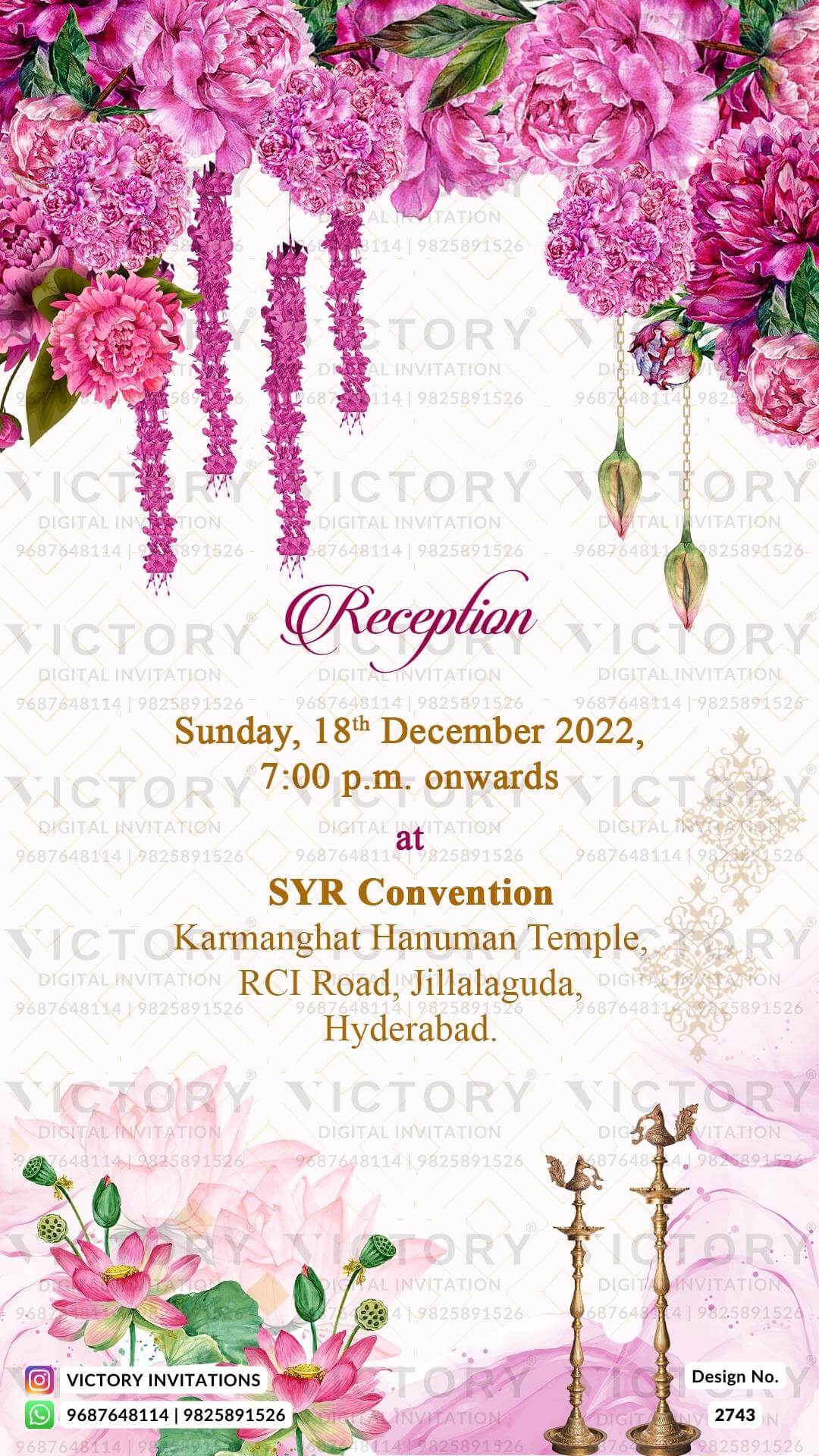 Blush Pink and Ivory Traditional Floral Theme Indian Digital Wedding Invitations with Couple Caricature Illustration, Design no. 2743