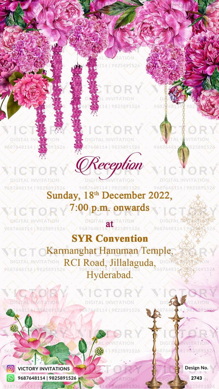 Blush Pink and Ivory Traditional Floral Theme Indian Digital Wedding Invitations with Couple Caricature Illustration, Design no. 2743