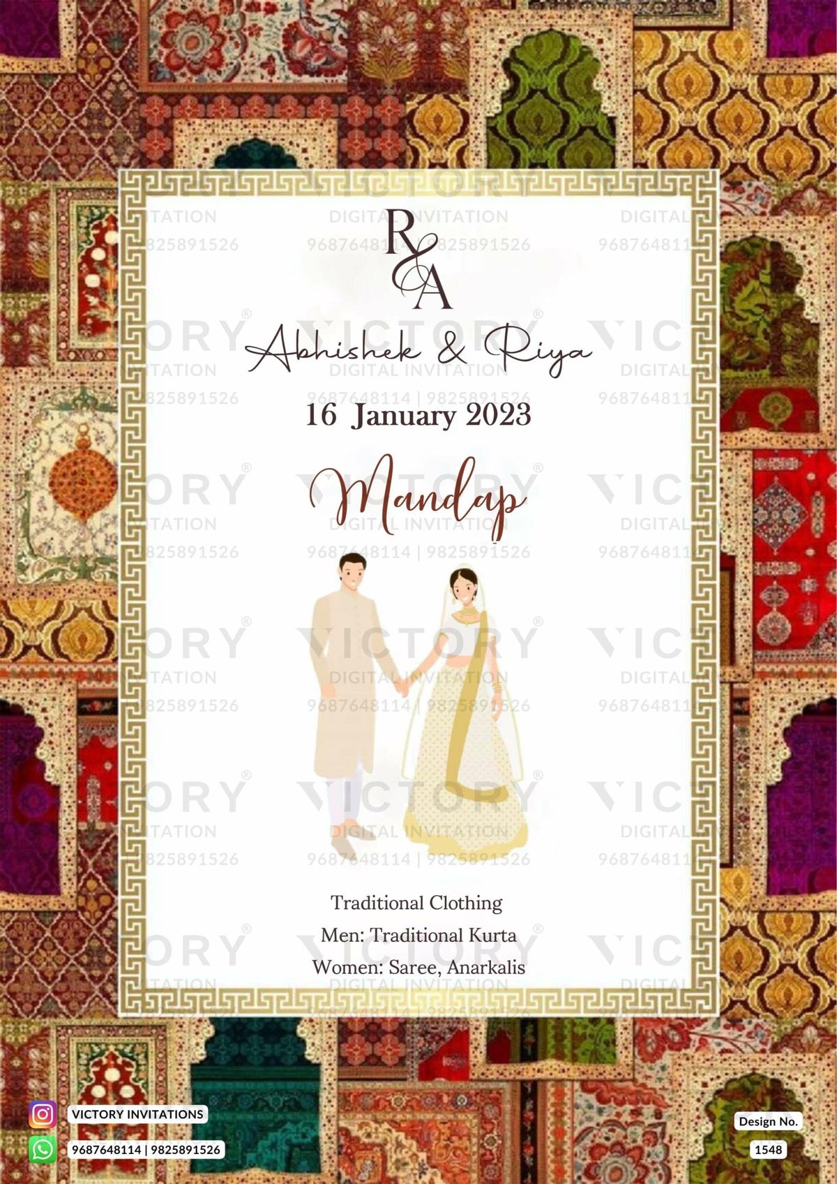 White and Vibrant Shaded Traditional Indian Vintage Theme Online Wedding Cards with Festive Indian Couple No-face Caricature Illustrations