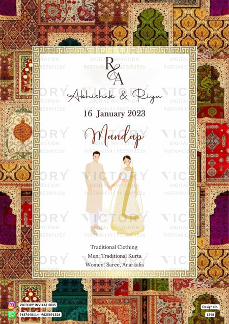 White and Vibrant Shaded Traditional Indian Vintage Theme Online Wedding Cards with Festive Indian Couple No-face Caricature Illustrations