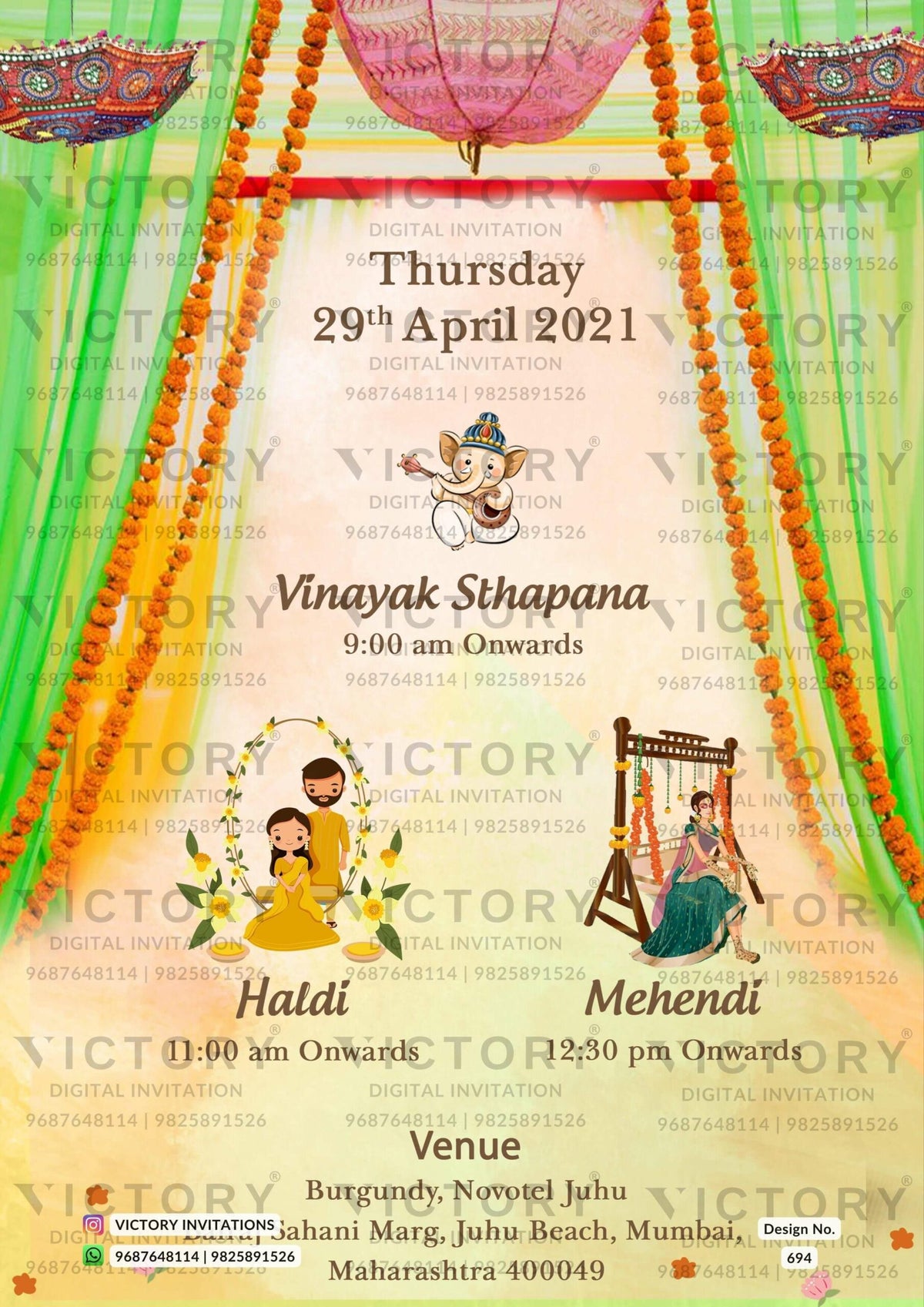 Traditional Vibrant Shaded Floral Vintage Theme Luxurious Wedding Invites with Festive Indian Backdrops and Indian Bride and Groom Doodle Illustrations, design no. 694