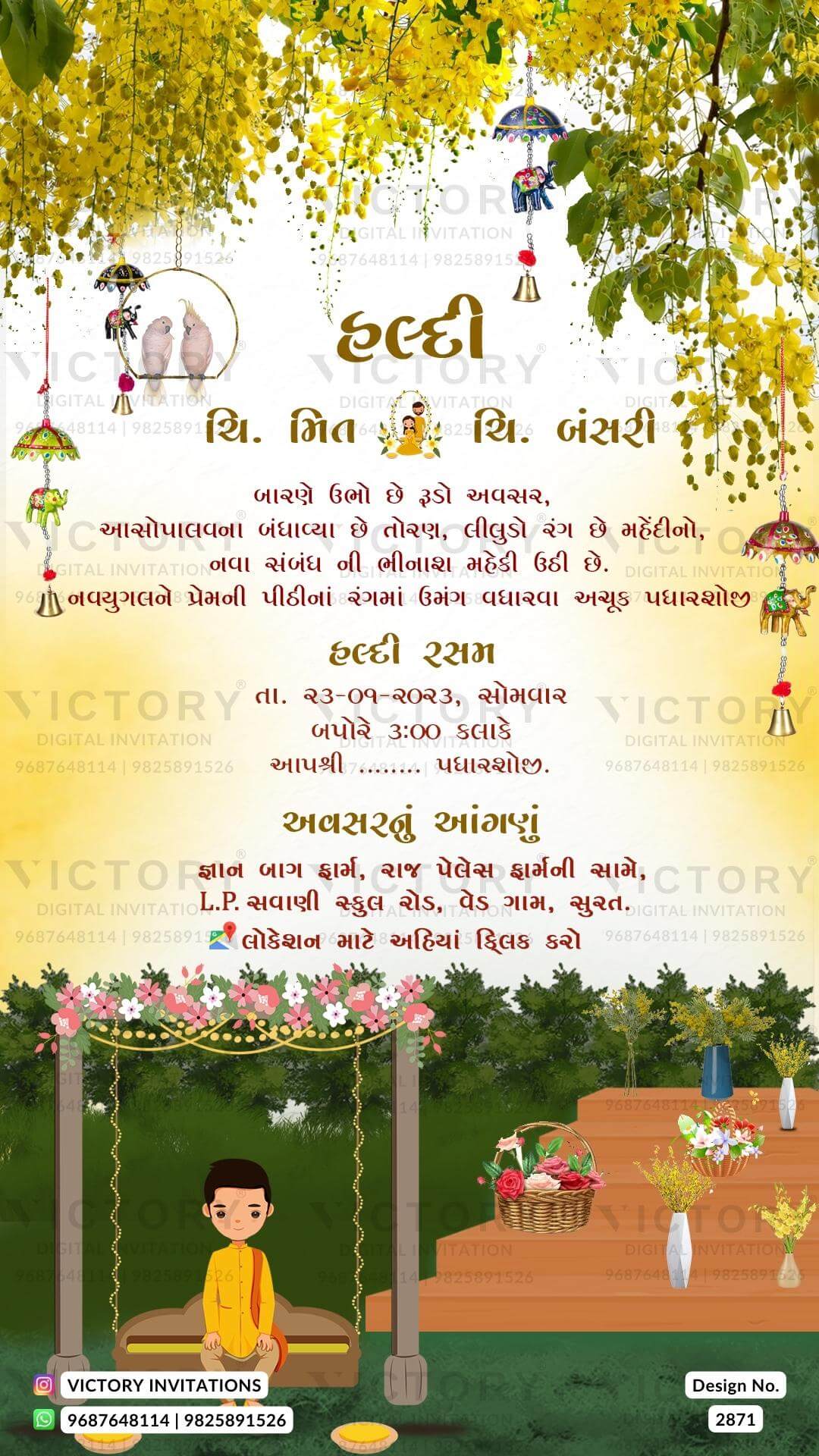 Pastel Shaded Traditional Whimsical and Vintage Theme Indian Gujarati Wedding E-invitations with Classic Wedding Doodle Illustrations, Design no. 2871