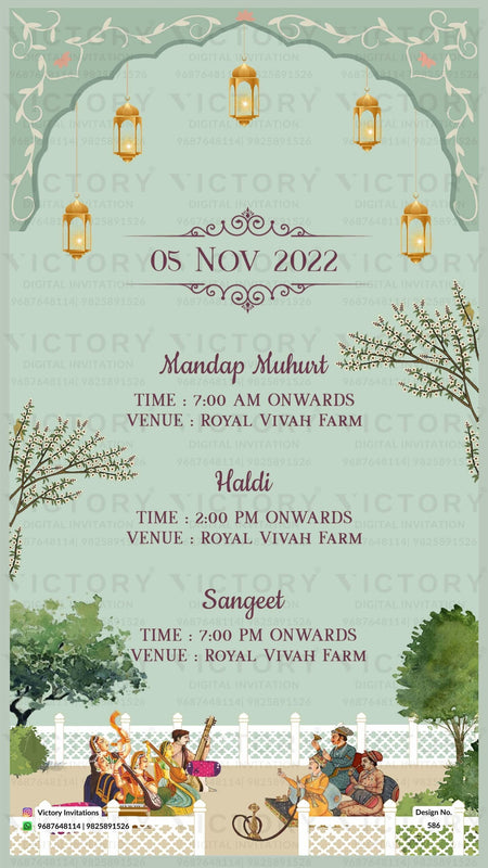 Traditional Floral Pastel Ivory and Green Vintage Theme Online Wedding Invitations with Vibrant Indian Folk Artists Illustrations