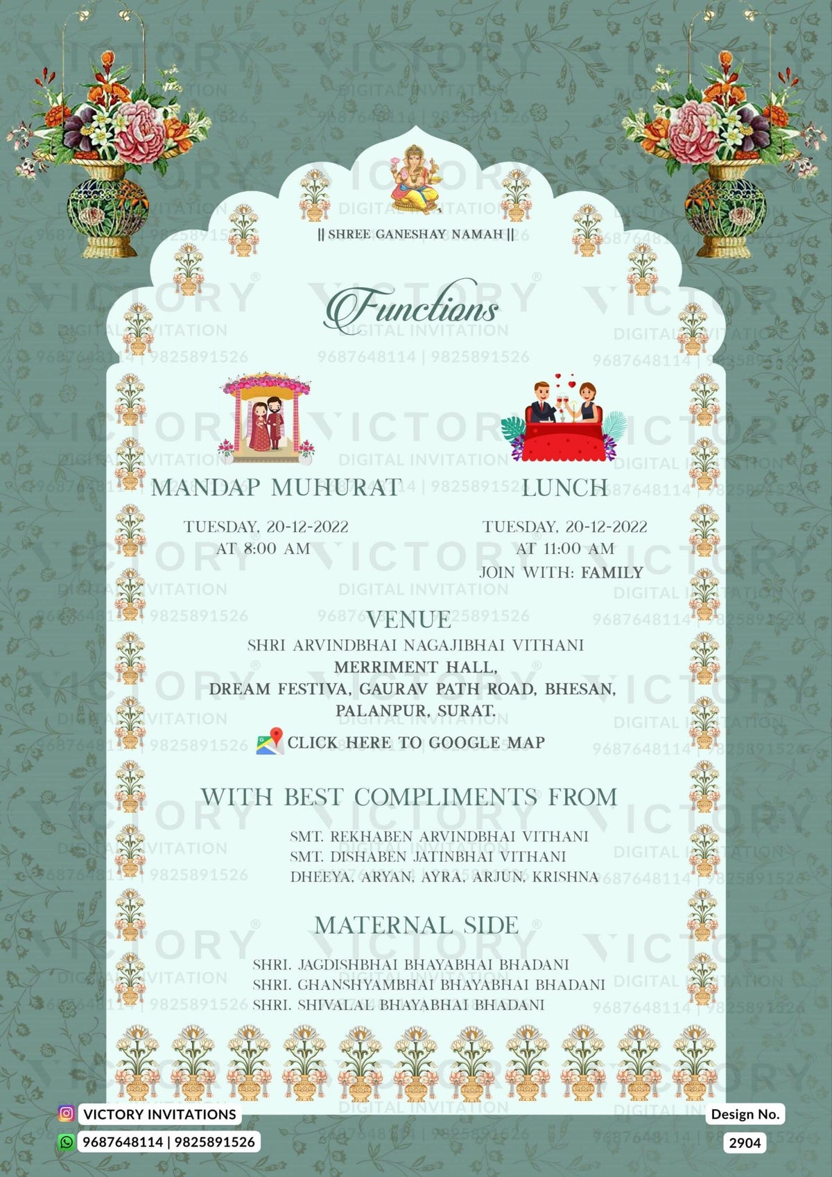 Pastel Shaded Vintage Floral Theme Indian Electronic Wedding Invites with Classic Wedding Doodle Illustrations, Design no. 2904