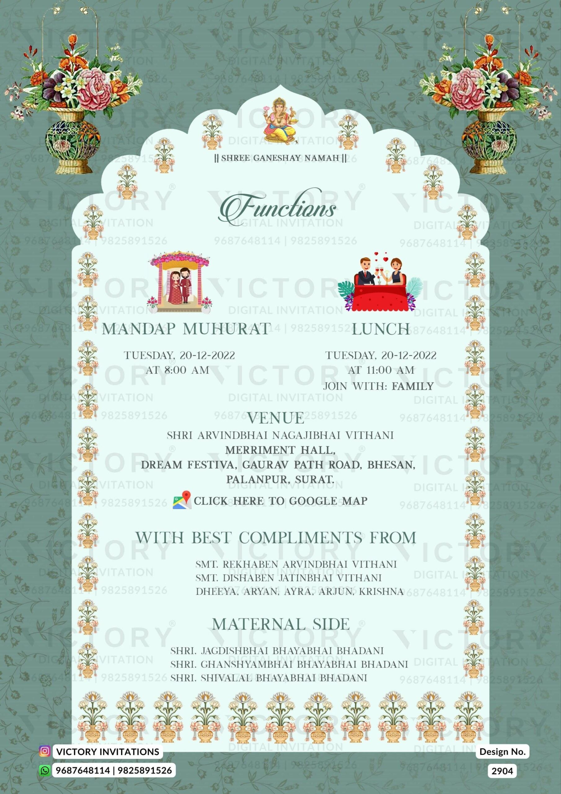 Pastel Shaded Vintage Floral Theme Indian Electronic Wedding Invites with Classic Wedding Doodle Illustrations, Design no. 2904
