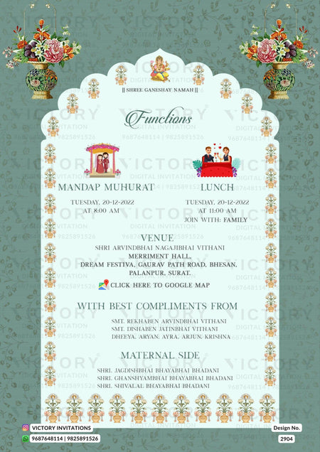 Pastel Shaded Vintage Floral Theme Indian Electronic Wedding Invites with Classic Wedding Doodle Illustrations, Design no. 2904