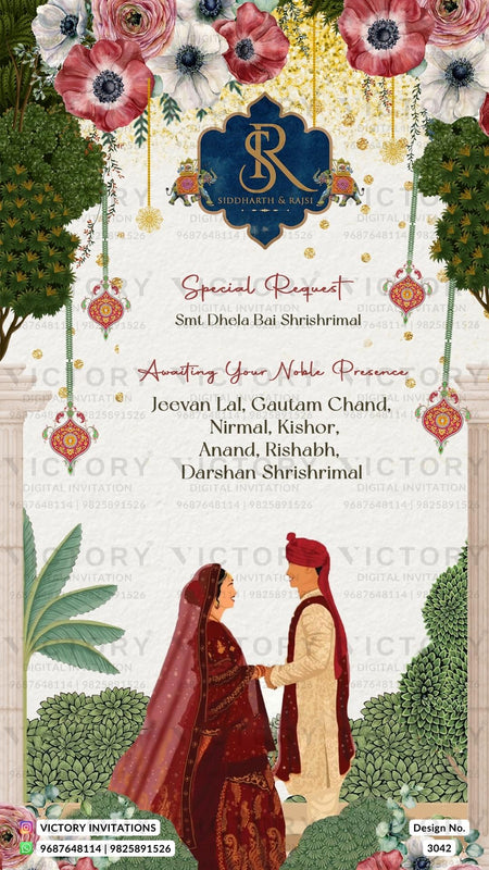 A Beautifully Designed Wedding Ceremony Invitation Card featuring Stunning Floral Elements, Vintage Couple Logo, and Couple Doodle. Design no. 3042