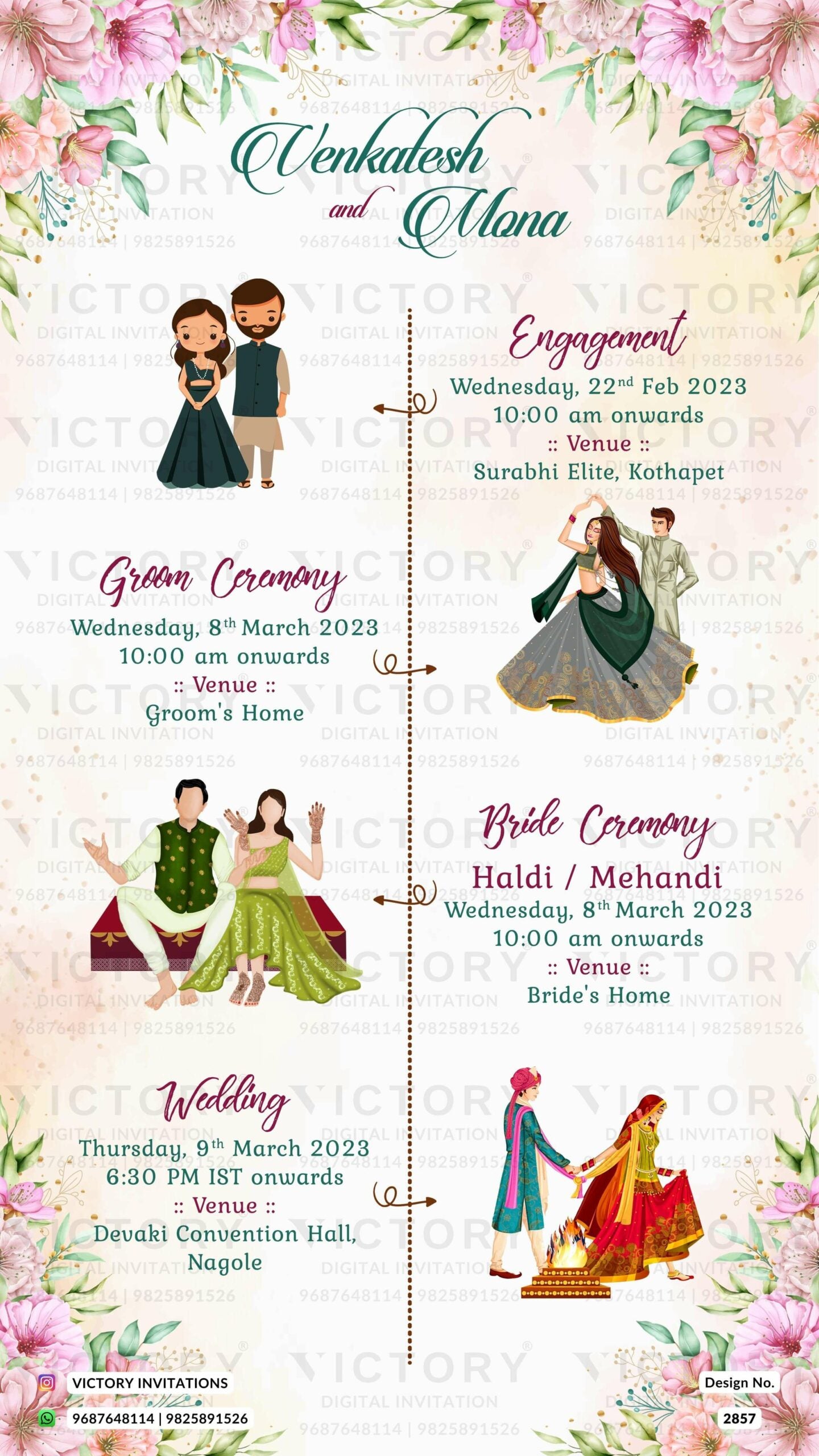 An Exquisite Love Story-Themed Wedding Ceremony E-Invitation Cards Featuring Couple Caricature and Festive Doodle. Design no. 2857