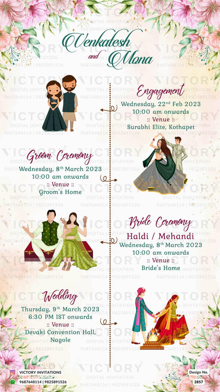 An Exquisite Love Story-Themed Wedding Ceremony E-Invitation Cards Featuring Couple Caricature and Festive Doodle. Design no. 2857