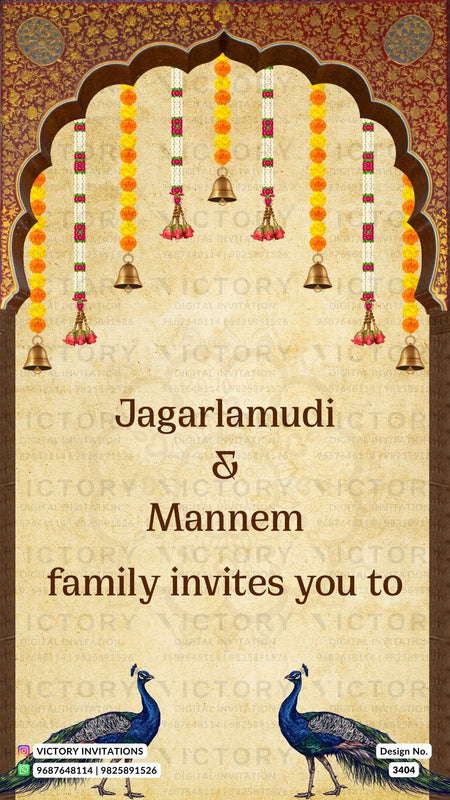 Dhoti ceremony invitation card in english language with peacock, baby photo as arch theme design 3404