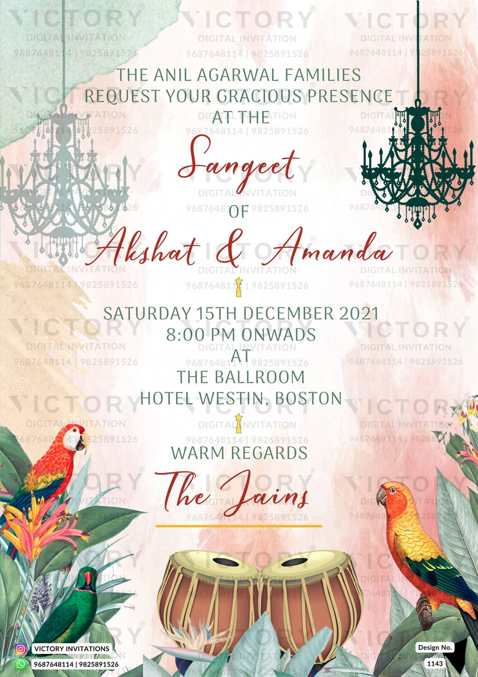 Sangeet Sandhya Ceremony invitation card in english language with birds, drums as asthetic theme design 1147.3