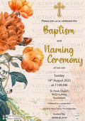 Baptism ceremony invitation card in english language with flowers, leaves as floral theme design 3001
