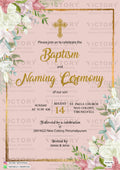 Baptism ceremony invitation card in english language with flowers, leaves as floral theme design 3002