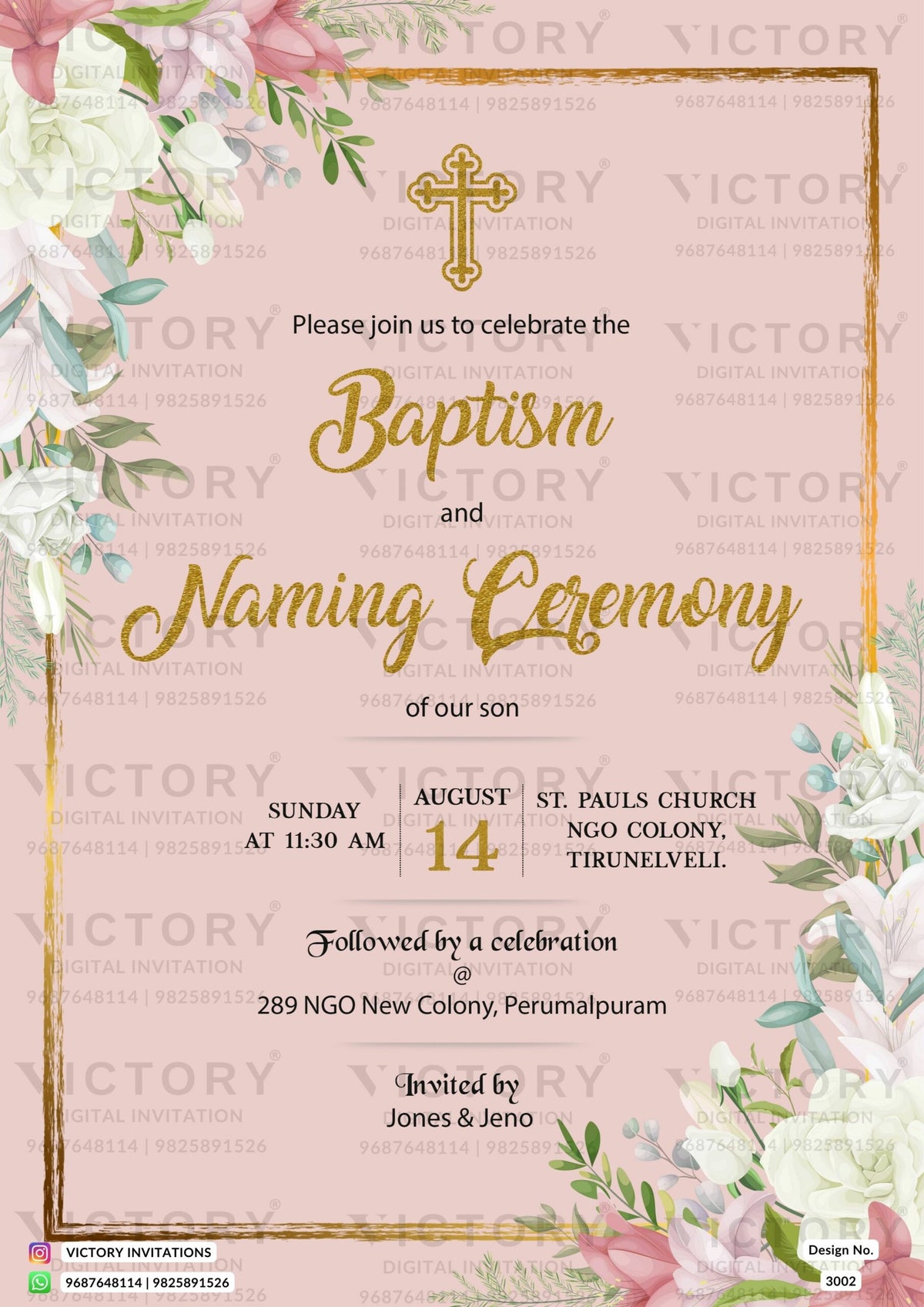 Baptism ceremony invitation card in english language with flowers, leaves as floral theme design 3002