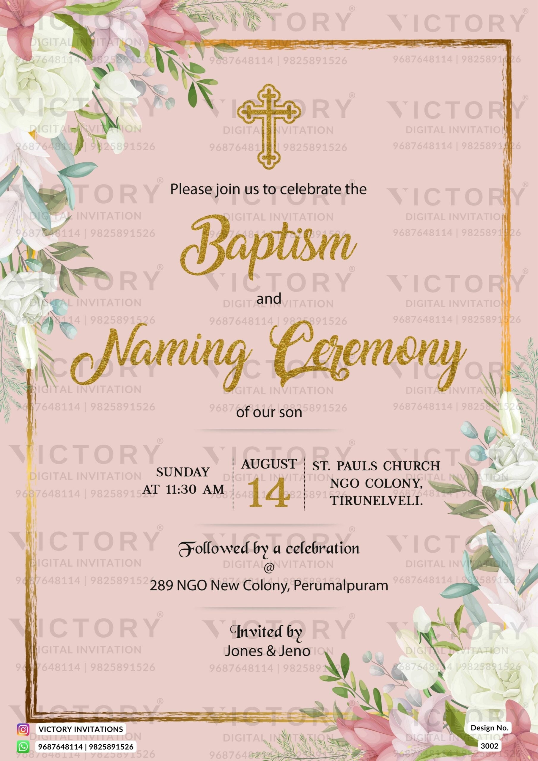 Baptism ceremony invitation card in english language with flowers, leaves as floral theme design 3002