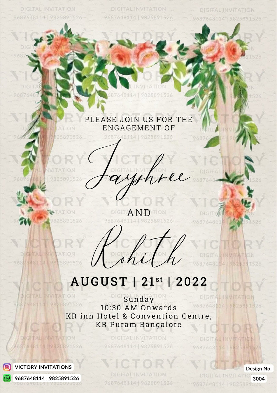 Engagement ceremony invitation card in english language with curtain, floral gate as minimalistic theme design 3004