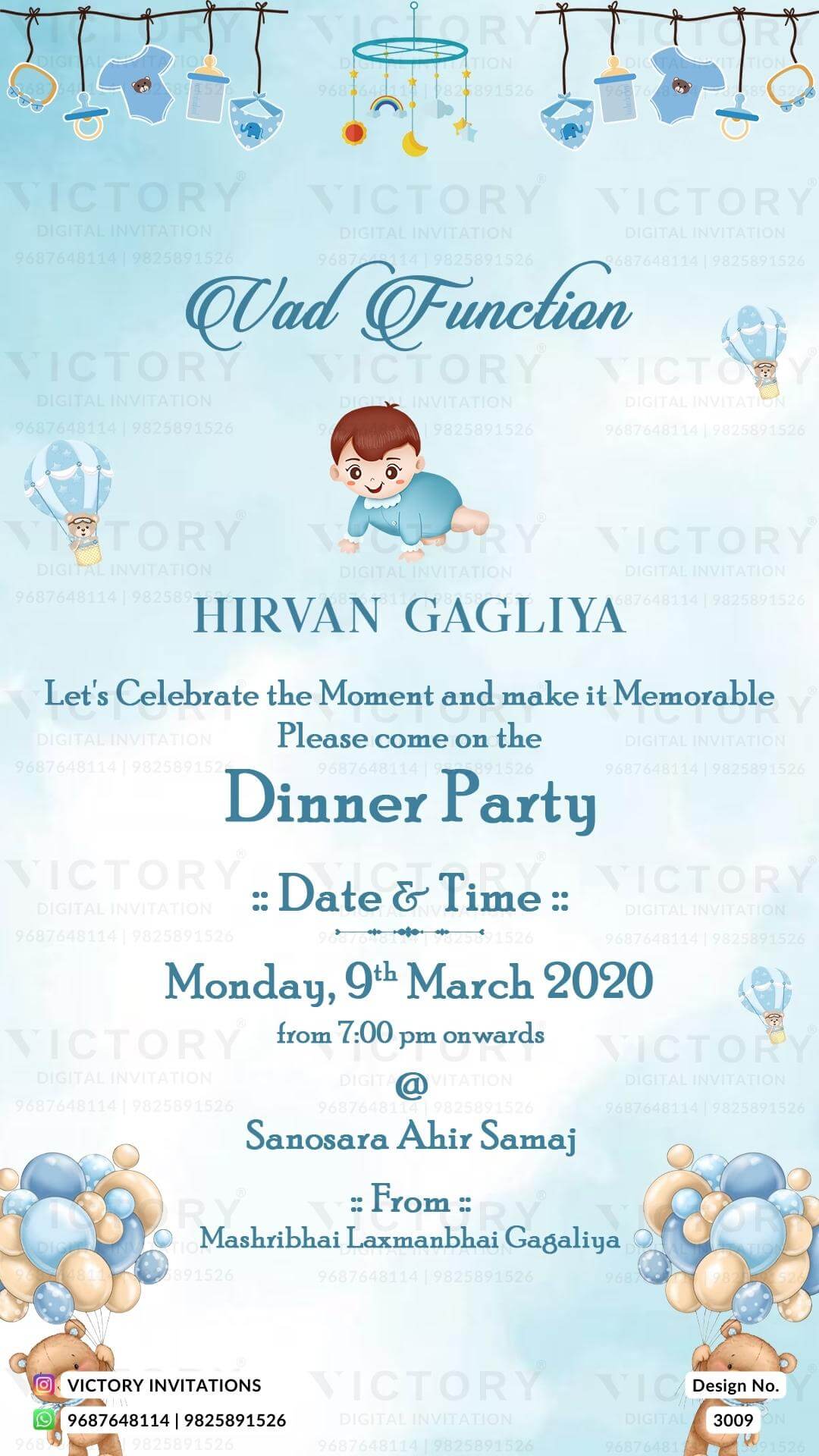 Vad Ceremony invitation card in english language with hot air balloons, baby doodle as playful theme design 3009