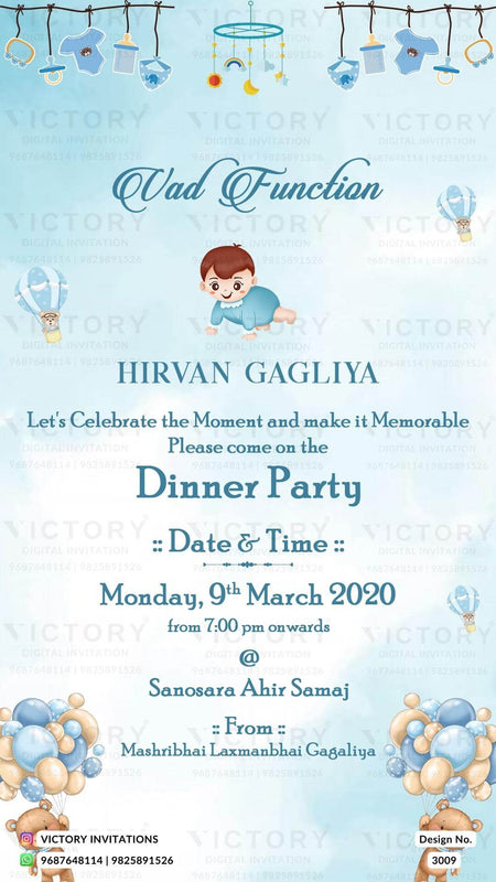 Vad Ceremony invitation card in english language with hot air balloons, baby doodle as playful theme design 3009