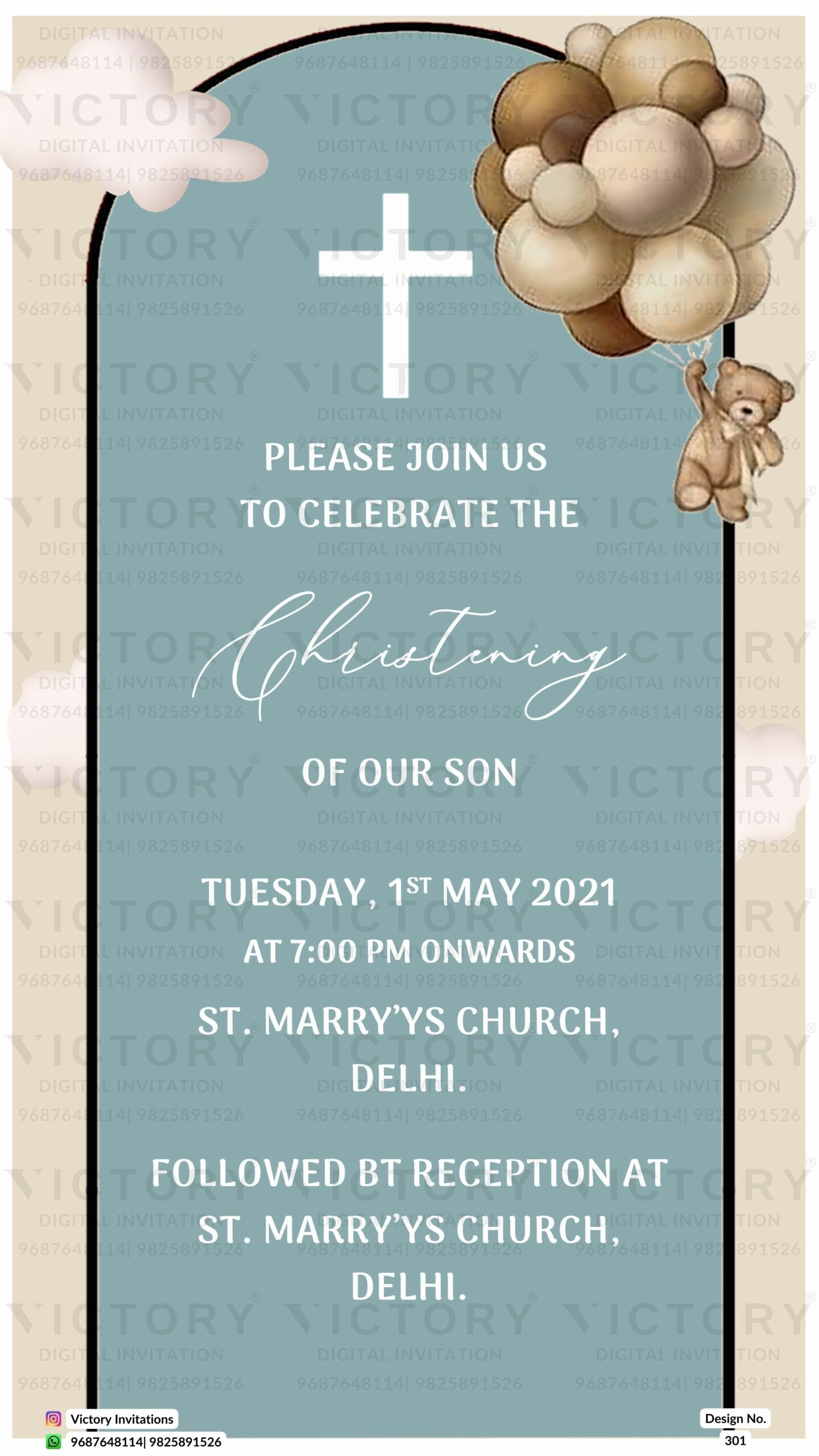 Baptism ceremony invitation card in english language with balloons, cloud as playful theme design 301