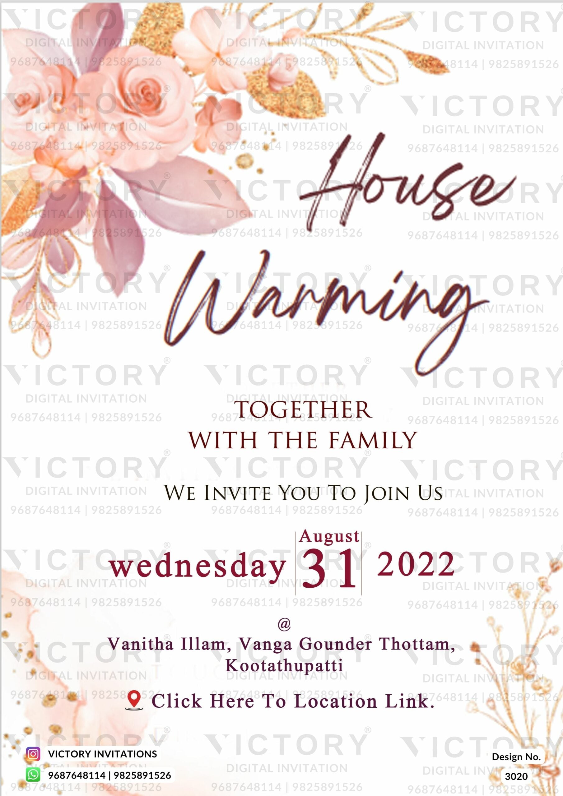House Warming ceremony invitation card in english language with flowers as floral theme design 3020